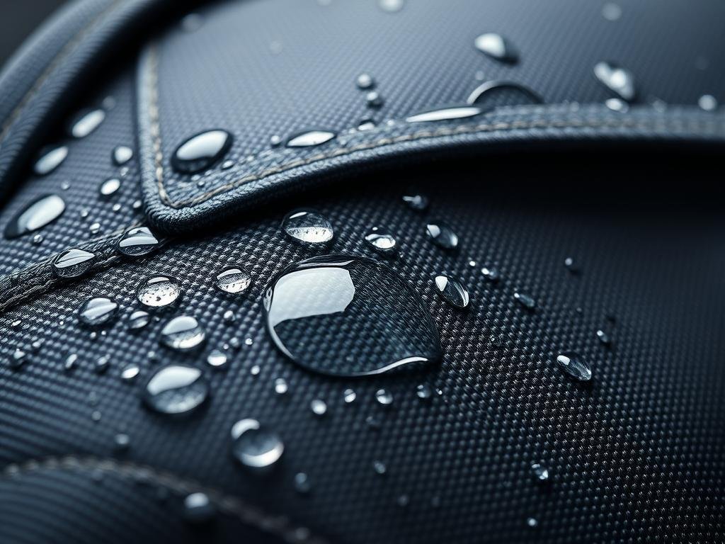 Close-up of LOVEVOOK Travel Backpack waterproof material with water beading on surface Close-up of LOVEVOOK Travel Backpack waterproof material with water beading on surface