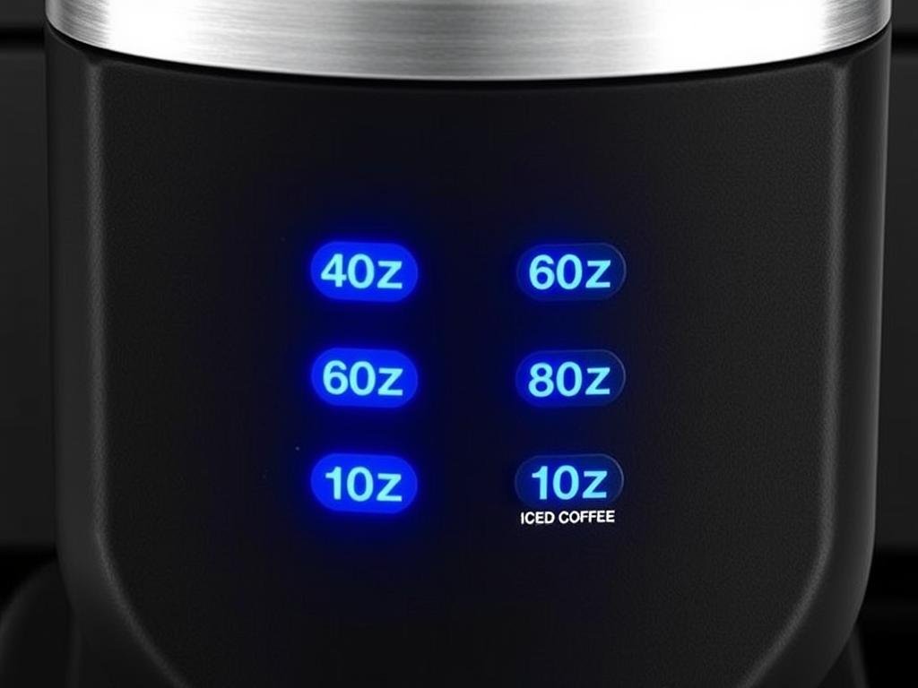 Close-up of the Tastyle coffee maker's control panel showing the 6 cup size options Close-up of the Tastyle coffee maker's control panel showing the 6 cup size options