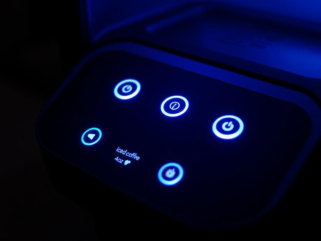 Close-up of the Tastyle's illuminated control panel with cup size options Close-up of the Tastyle's illuminated control panel with cup size options