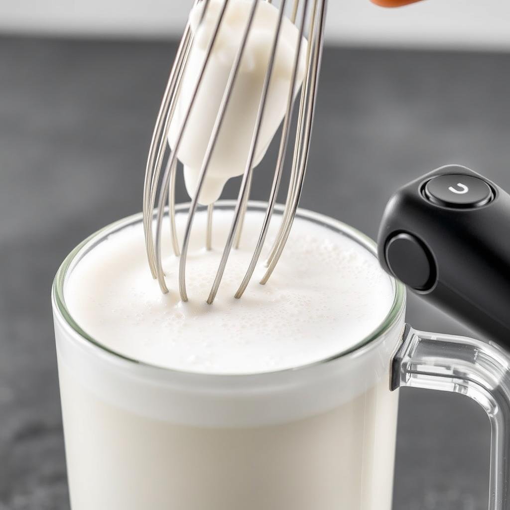 Close-up of the detachable milk frother creating creamy foam for a latte Close-up of the detachable milk frother creating creamy foam for a latte