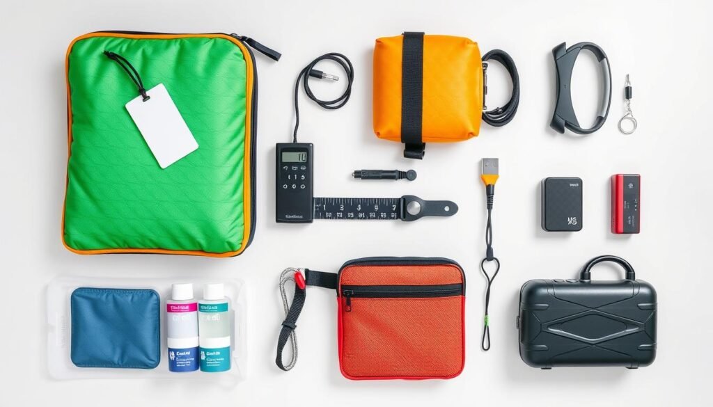 Collection of essential carry-on luggage accessories including packing cubes, luggage tags, and travel bottles