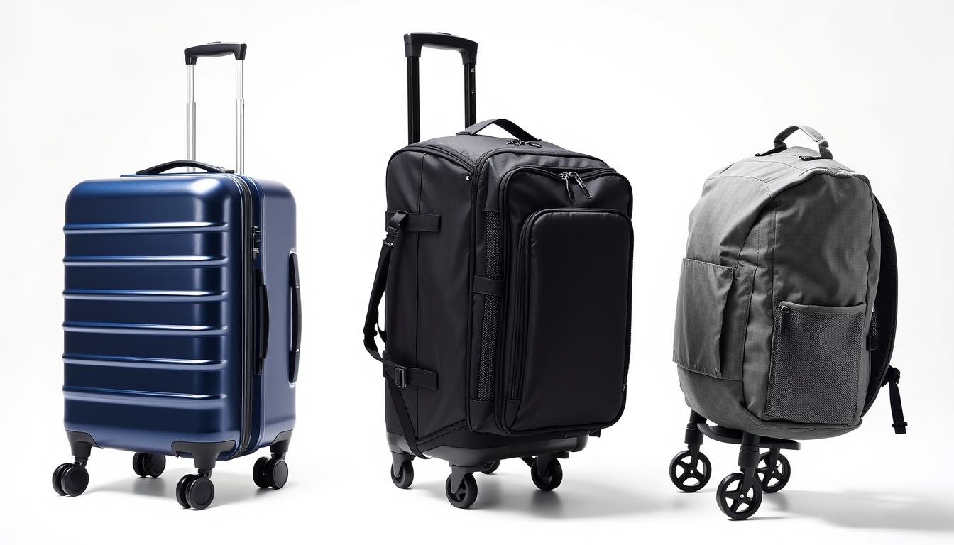 Different types of carry-on luggage including hardside spinner, softside roller, and backpack styles