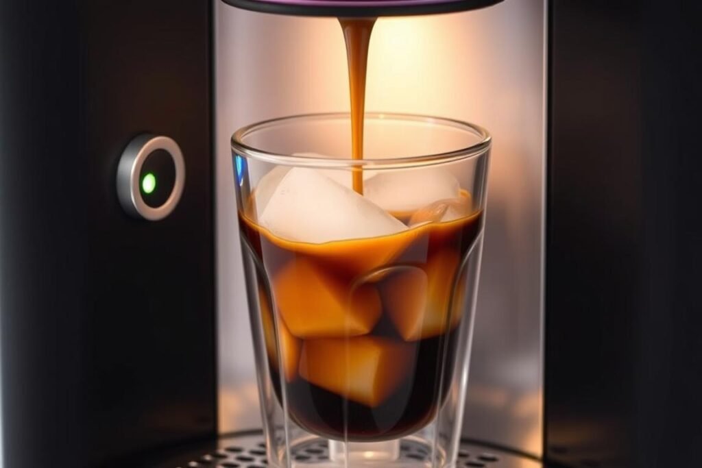 Iced coffee being brewed directly over ice in a clear glass with the Tastyle coffee maker Iced coffee being brewed directly over ice in a clear glass with the Tastyle coffee maker