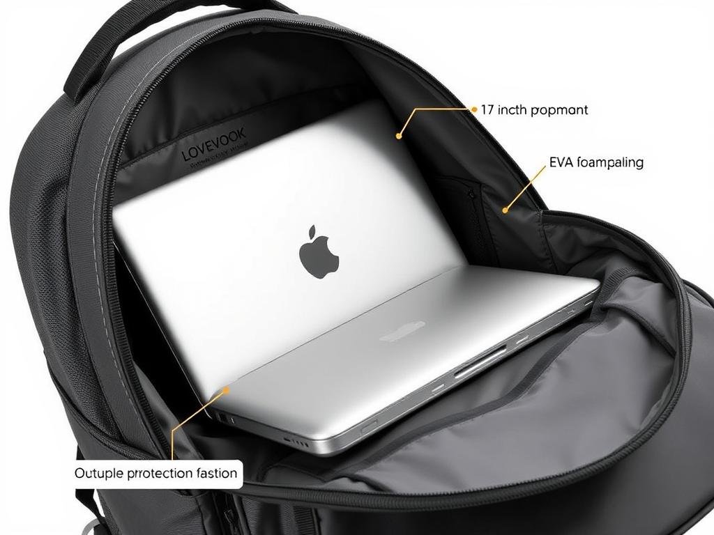 LOVEVOOK Travel Backpack laptop compartment showing 17-inch laptop fit and padding LOVEVOOK Travel Backpack laptop compartment showing 17-inch laptop fit and padding
