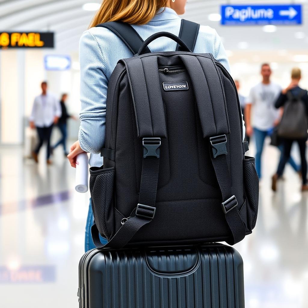 LOVEVOOK Travel Backpack showing the luggage pass-through strap in use LOVEVOOK Travel Backpack showing the luggage pass-through strap in use