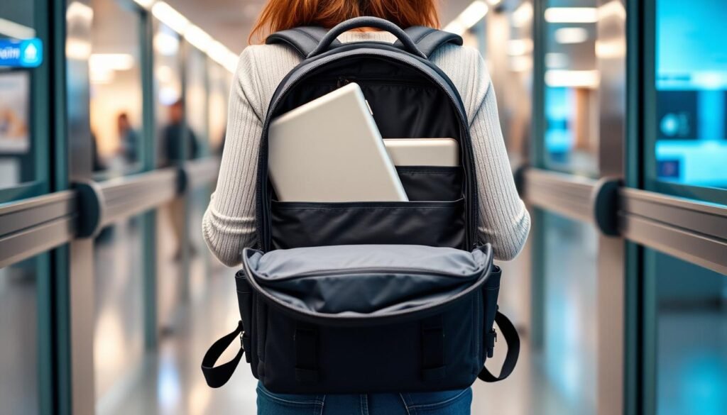LOVEVOOK Travel Backpack shown opened 180 degrees for TSA screening with laptop visible LOVEVOOK Travel Backpack shown opened 180 degrees for TSA screening with laptop visible