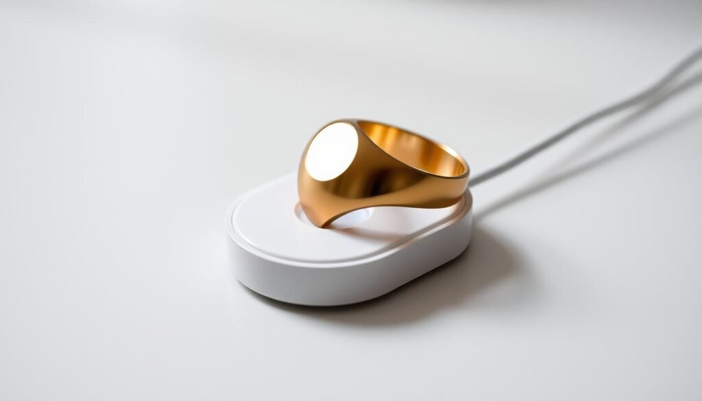 Oura Ring 4 being charged on its charging dock