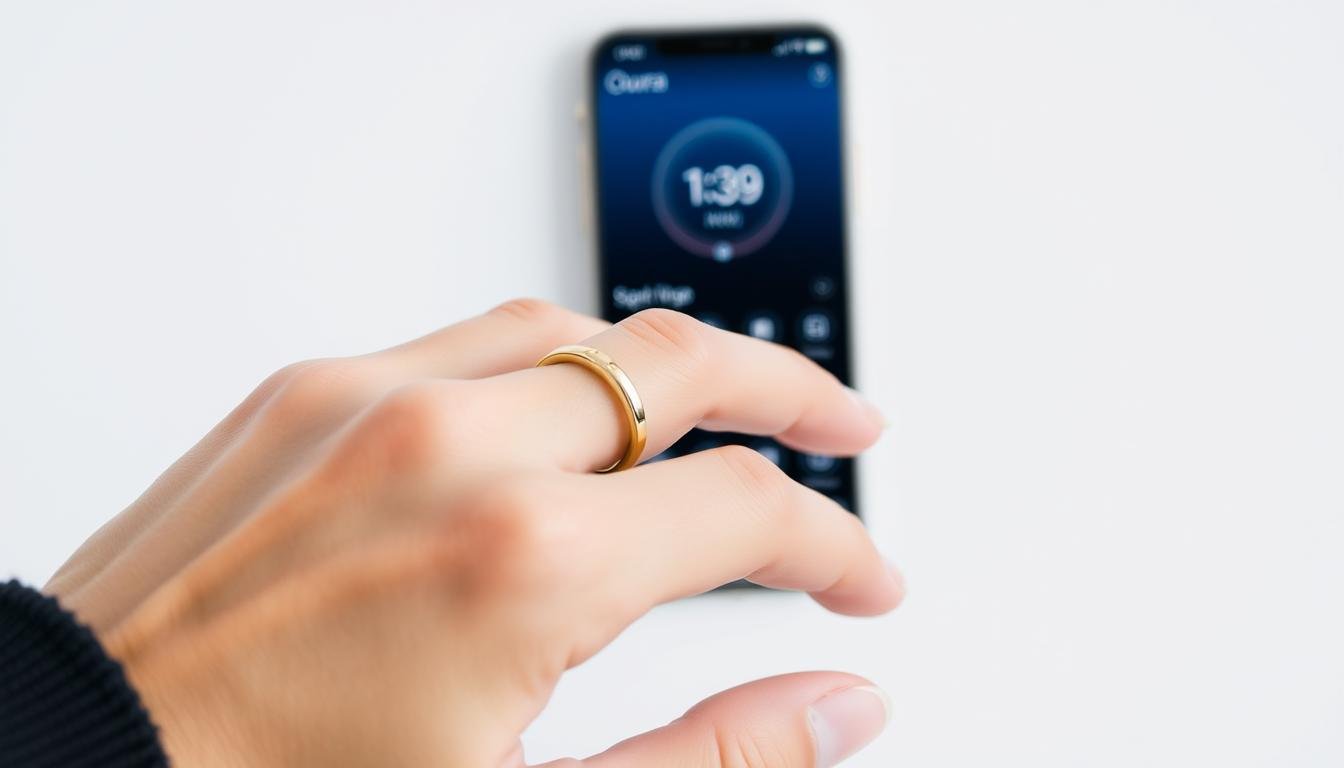 Oura Ring 4 in gold finish on finger with smartphone displaying the Oura app