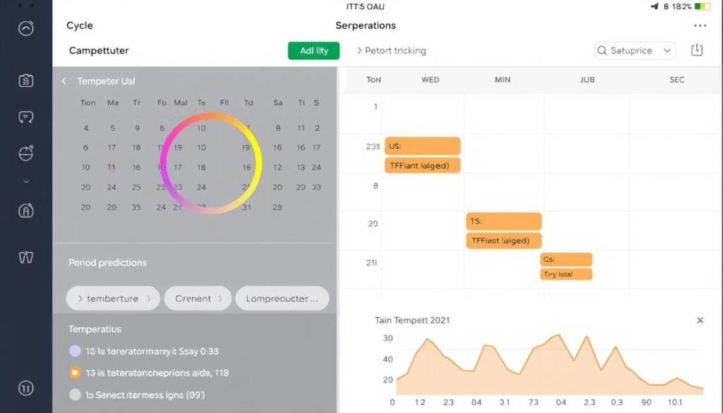 Oura app cycle tracking screen showing menstrual cycle phases and predictions