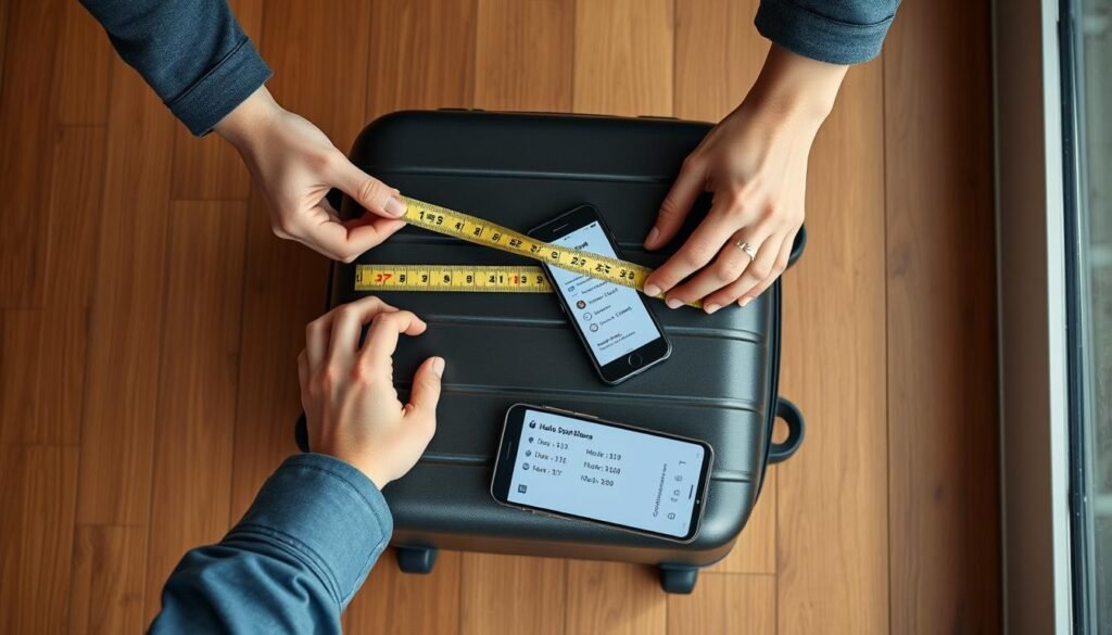 Person measuring a carry-on suitcase to check airline size compliance