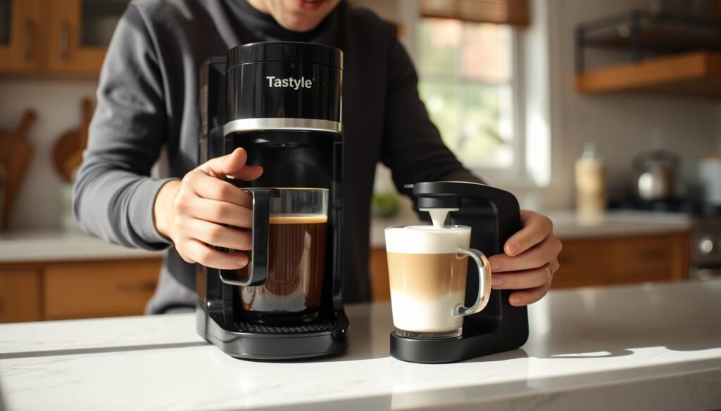 Person using the Tastyle coffee maker to create a latte with the milk frother Person using the Tastyle coffee maker to create a latte with the milk frother