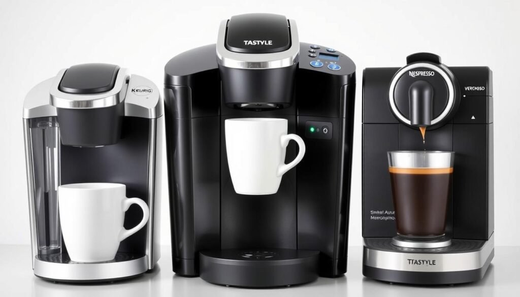 Side-by-side comparison of the Tastyle coffee maker with a Keurig and Nespresso machine Side-by-side comparison of the Tastyle coffee maker with a Keurig and Nespresso machine