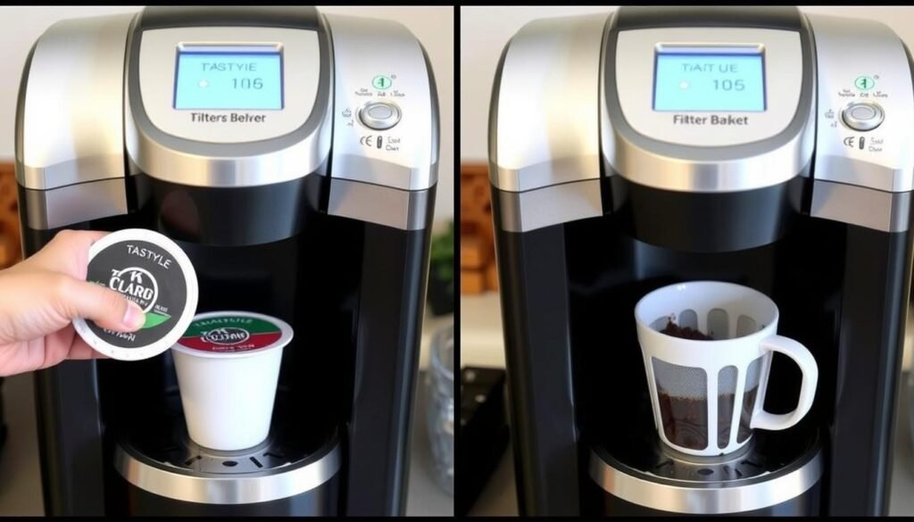 Split image showing the Tastyle brewing with both a K-Cup and the reusable filter for grounds Split image showing the Tastyle brewing with both a K-Cup and the reusable filter for grounds