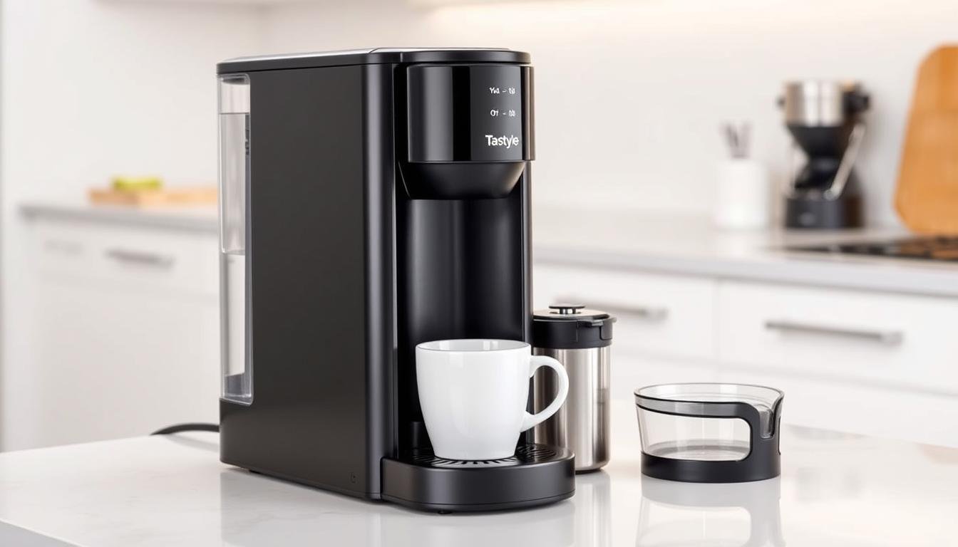 Tastyle Single Serve Coffee Maker with Rechargeable & Detachable Milk Frother in black finish on kitchen counter