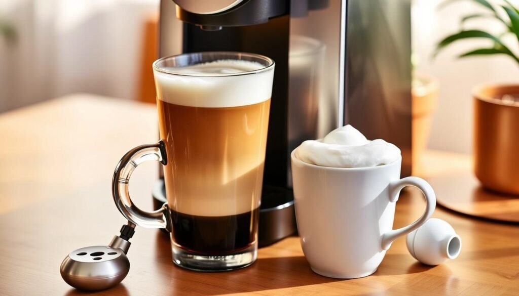 Tastyle Single Serve Coffee Maker with a freshly brewed latte and cappuccino side by side Tastyle Single Serve Coffee Maker with a freshly brewed latte and cappuccino side by side