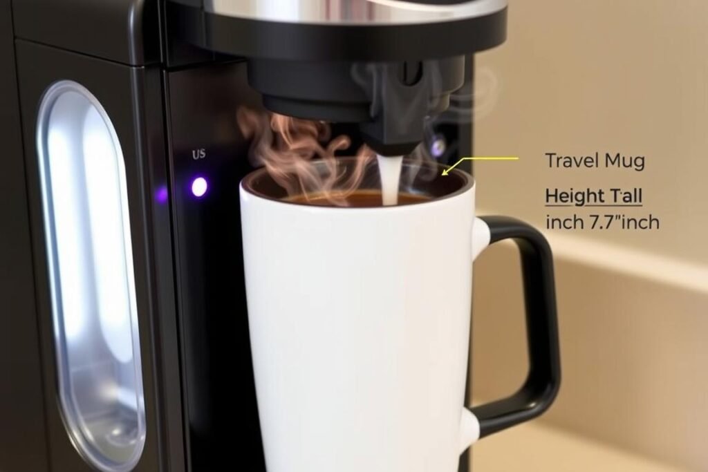 Tastyle coffee maker brewing into a tall travel mug showing its 7.3-inch clearance Tastyle coffee maker brewing into a tall travel mug showing its 7.3-inch clearance