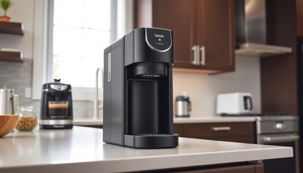 The Tastyle coffee maker in a modern kitchen setting showing its compact footprint The Tastyle coffee maker in a modern kitchen setting showing its compact footprint
