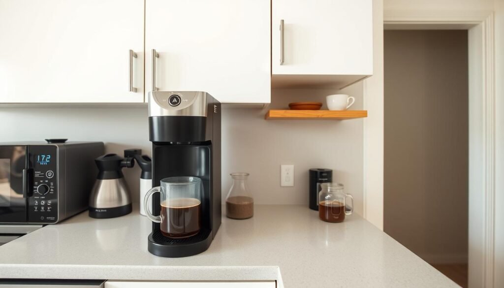 The Tastyle coffee maker in a small apartment kitchen showing its space-efficient design The Tastyle coffee maker in a small apartment kitchen showing its space-efficient design