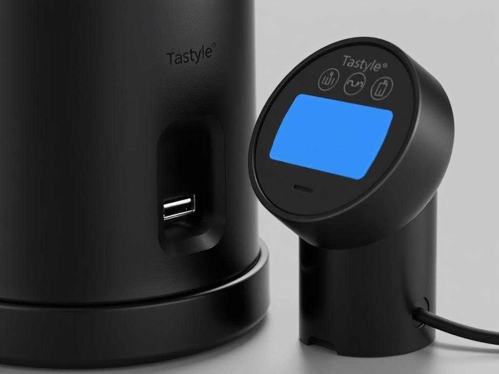 The detached milk frother next to its charging base showing the USB-C connection The detached milk frother next to its charging base showing the USB-C connection