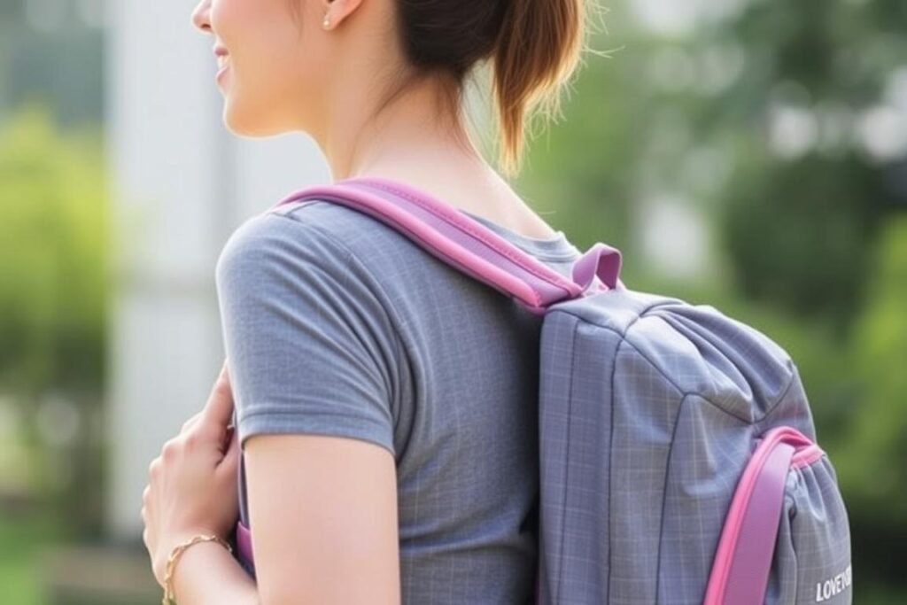 Woman wearing the LOVEVOOK Travel Backpack showing the padded shoulder straps and back panel Woman wearing the LOVEVOOK Travel Backpack showing the padded shoulder straps and back panel